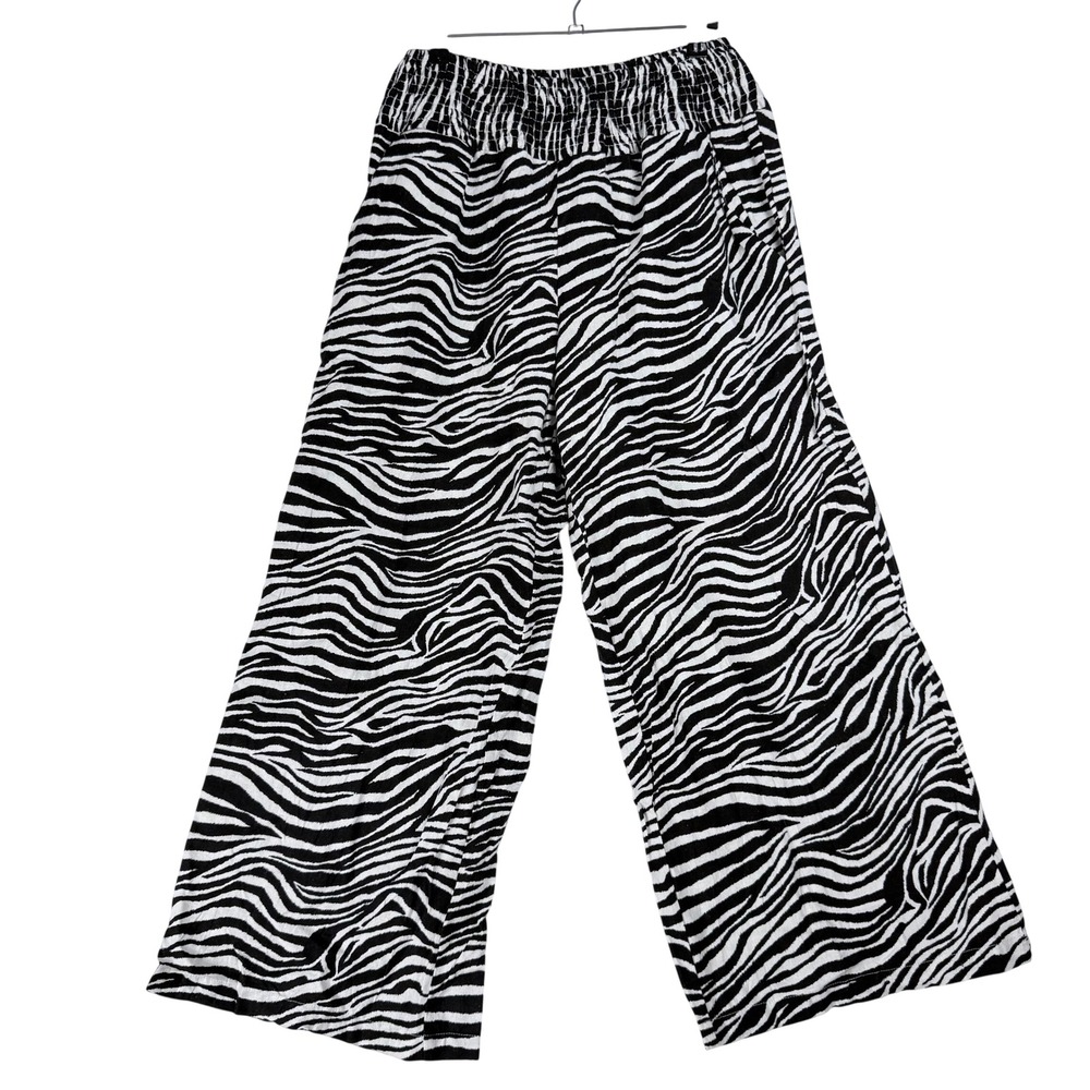 Tahari Zebra Print Pants Women Medium Linen Blend Wide Leg Smocked Safari Resort